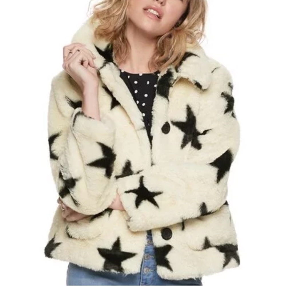 POPSUGAR Teddy Star Fox Fur Jacket Cream Black Star Print Size M NWT
